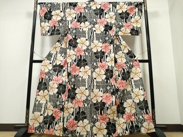 平和屋着物∴夏物 浴衣 舞花間道 黒地 綿 逸品 CABB6474ng