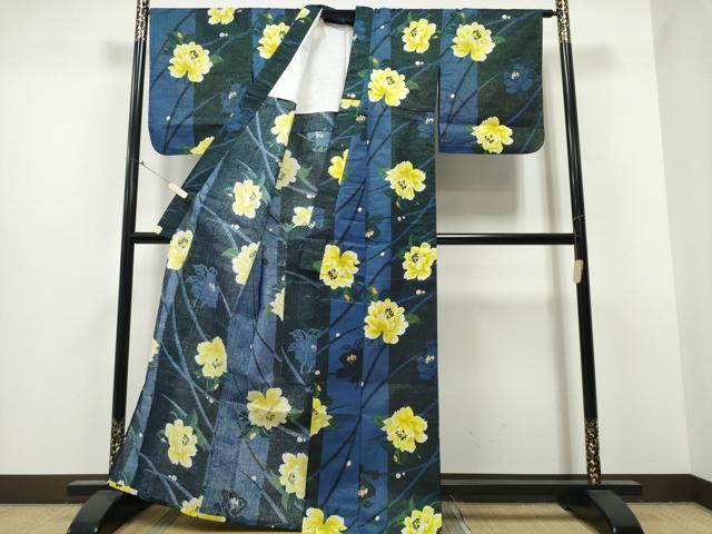 平和屋着物∴夏物　浴衣　露芝舞牡丹文　ラメ糸　金彩　綿　逸品　CABB6475ng 平和屋着物∴夏物 浴衣 露芝舞牡丹文 ラメ糸 金彩 綿 逸品
