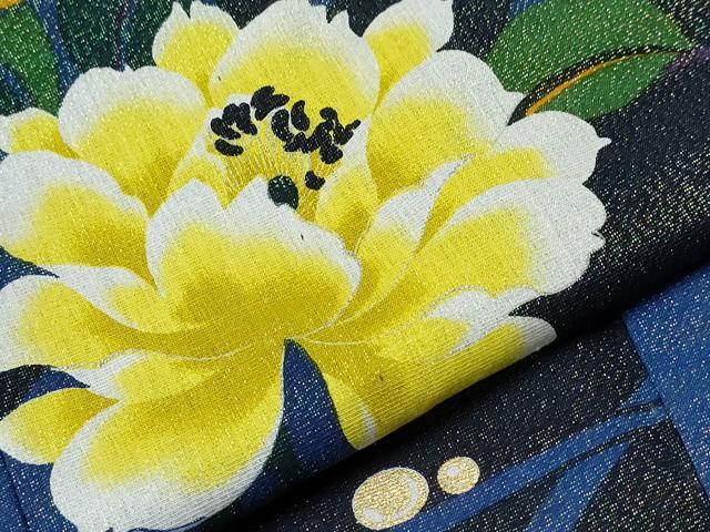 平和屋着物∴夏物　浴衣　露芝舞牡丹文　ラメ糸　金彩　綿　逸品　CABB6475ng 平和屋着物∴夏物 浴衣 露芝舞牡丹文 ラメ糸 金彩 綿 逸品