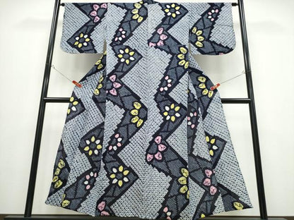 平和屋着物∴夏物 浴衣 有松鳴海絞り よろけ縞舞菊文 綿 逸品 CABB6541ng