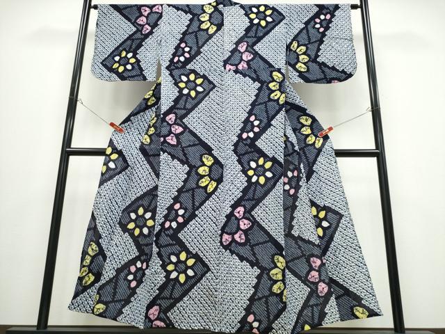 平和屋着物∴夏物 浴衣 有松鳴海絞り よろけ縞舞菊文 綿 逸品 CABB6541ng