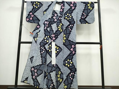 平和屋着物∴夏物 浴衣 有松鳴海絞り よろけ縞舞菊文 綿 逸品 CABB6541ng