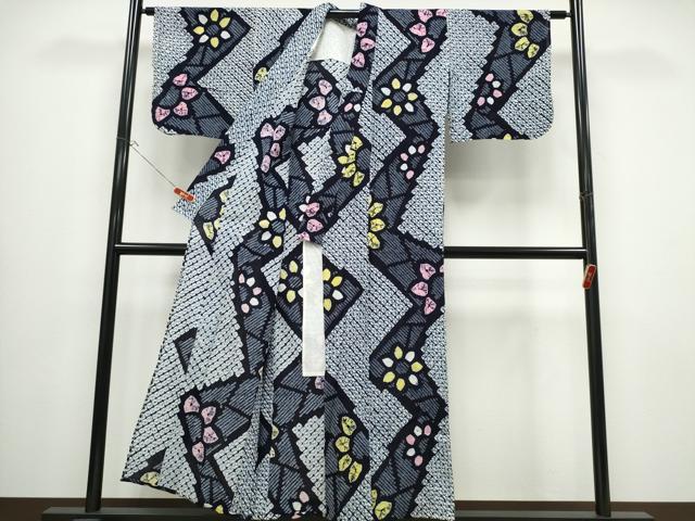 平和屋着物∴夏物 浴衣 有松鳴海絞り よろけ縞舞菊文 綿 逸品 CABB6541ng