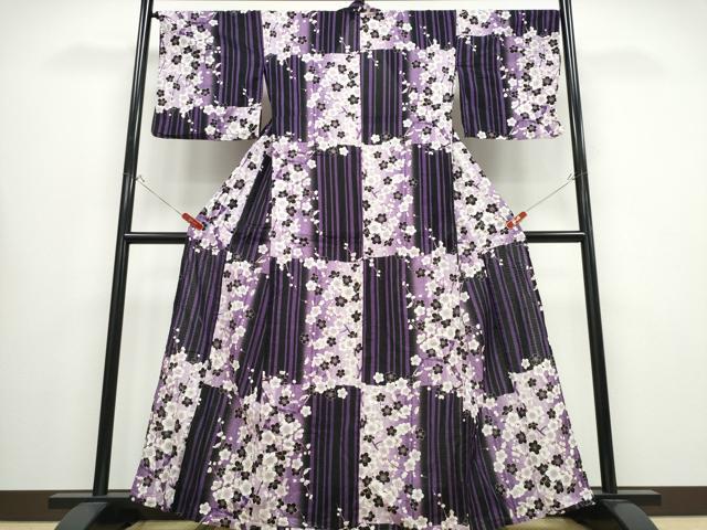平和屋着物∴夏物 浴衣 市松枝梅文 金彩 綿 逸品 CABB6551ng