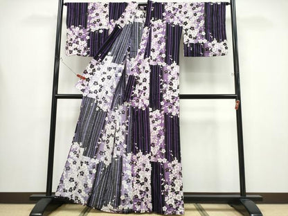 平和屋着物∴夏物 浴衣 市松枝梅文 金彩 綿 逸品 CABB6551ng