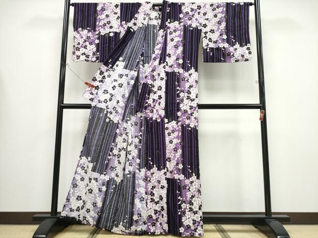平和屋着物∴夏物 浴衣 市松枝梅文 金彩 綿 逸品 CABB6551ng