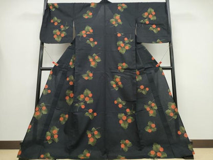 平和屋着物∴夏物 浴衣 舞花文 黒地 綿 逸品 CABB6553ng