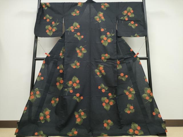 平和屋着物∴夏物 浴衣 舞花文 黒地 綿 逸品 CABB6553ng