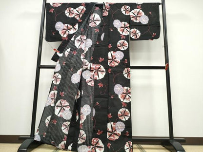 平和屋着物∴夏物 浴衣 朝顔 黒地 綿 逸品 CABB6555ng