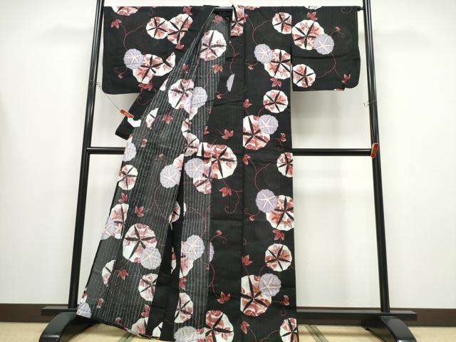 平和屋着物∴夏物 浴衣 朝顔 黒地 綿 逸品 CABB6555ng