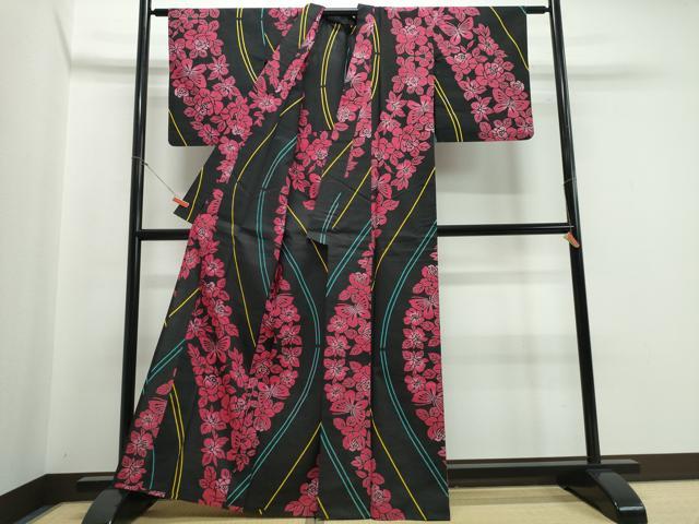 平和屋着物∴夏物 浴衣 型染め 薔薇舞蝶文 黒地 綿 逸品 CABB6558ng