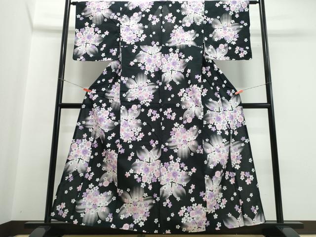 平和屋着物∴夏物 浴衣 綿紅梅 ラメ 舞桜 黒地 綿 逸品 CABB6567ng