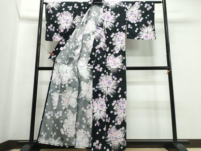 平和屋着物∴夏物 浴衣 綿紅梅 ラメ 舞桜 黒地 綿 逸品 CABB6567ng