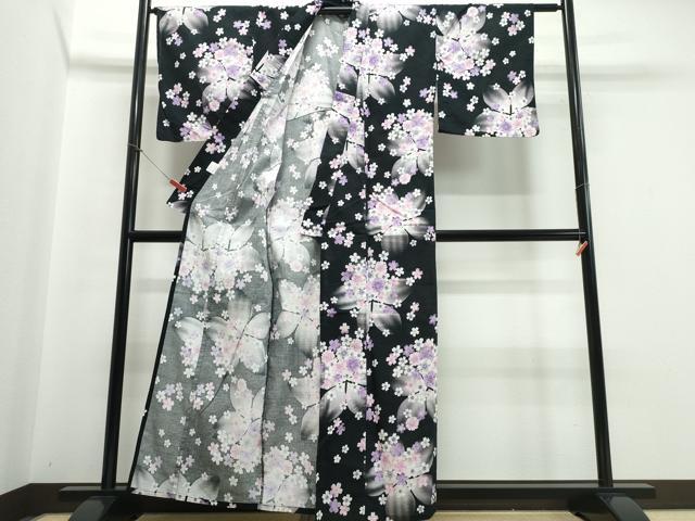 平和屋着物∴夏物 浴衣 綿紅梅 ラメ 舞桜 黒地 綿 逸品 CABB6567ng