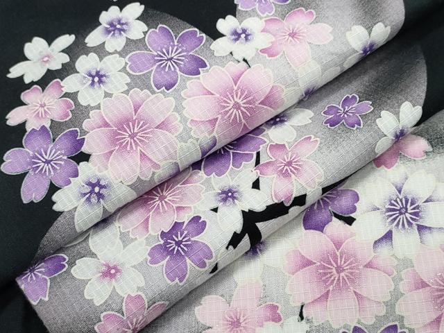平和屋着物∴夏物 浴衣 綿紅梅 ラメ 舞桜 黒地 綿 逸品 CABB6567ng