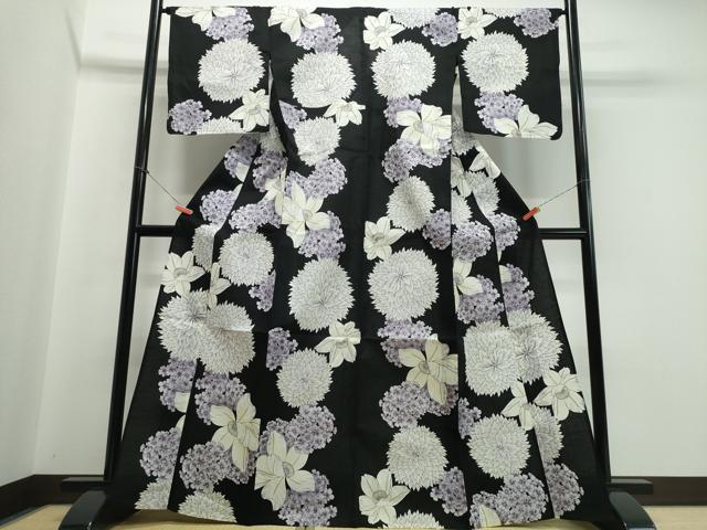 平和屋着物∴夏物 松田聖子 SEIKOMATSUDA 浴衣 紫陽花菊花文 黒地 銀彩 綿 逸品 CABB6570ng