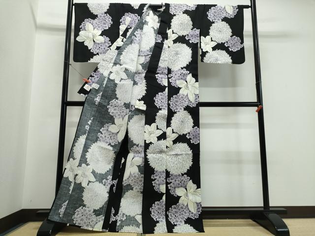 平和屋着物∴夏物 松田聖子 SEIKOMATSUDA 浴衣 紫陽花菊花文 黒地 銀彩 綿 逸品 CABB6570ng