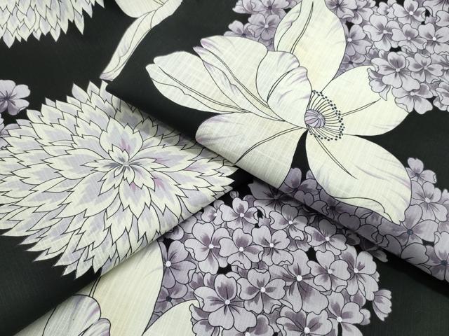 平和屋着物∴夏物 松田聖子 SEIKOMATSUDA 浴衣 紫陽花菊花文 黒地 銀彩 綿 逸品 CABB6570ng