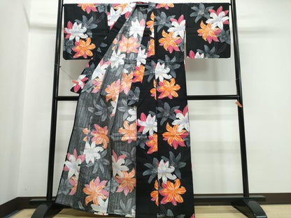 平和屋着物∴夏物 浴衣 ラメ 百合 ゆり 黒地 綿 逸品 CABB6571ng