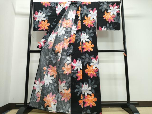 平和屋着物∴夏物 浴衣 ラメ 百合 ゆり 黒地 綿 逸品 CABB6571ng