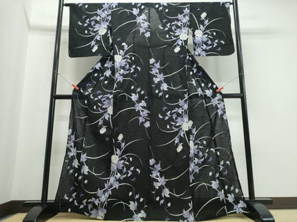 平和屋着物∴夏物　浴衣　草花舞蝶文　黒地　綿麻　逸品　CABB6573ng