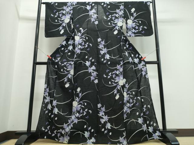 平和屋着物∴夏物　浴衣　草花舞蝶文　黒地　綿麻　逸品　CABB6573ng