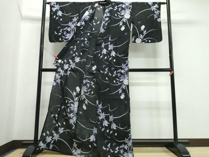 平和屋着物∴夏物　浴衣　草花舞蝶文　黒地　綿麻　逸品　CABB6573ng