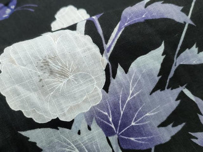 平和屋着物∴夏物　浴衣　草花舞蝶文　黒地　綿麻　逸品　CABB6573ng