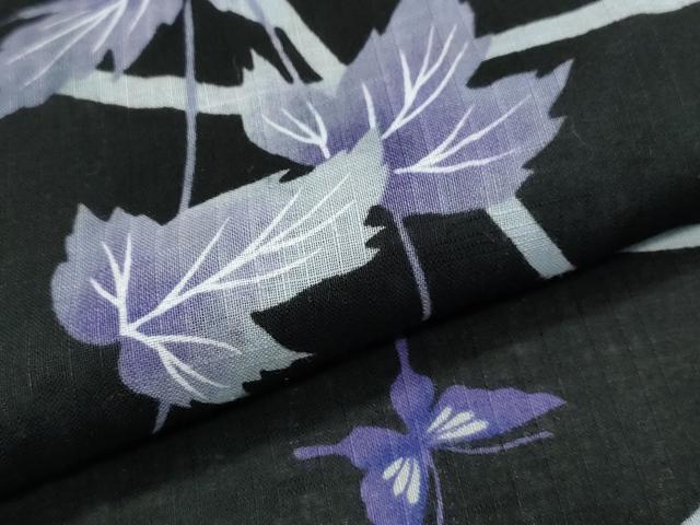 平和屋着物∴夏物　浴衣　草花舞蝶文　黒地　綿麻　逸品　CABB6573ng