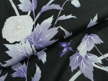 平和屋着物∴夏物　浴衣　草花舞蝶文　黒地　綿麻　逸品　CABB6573ng