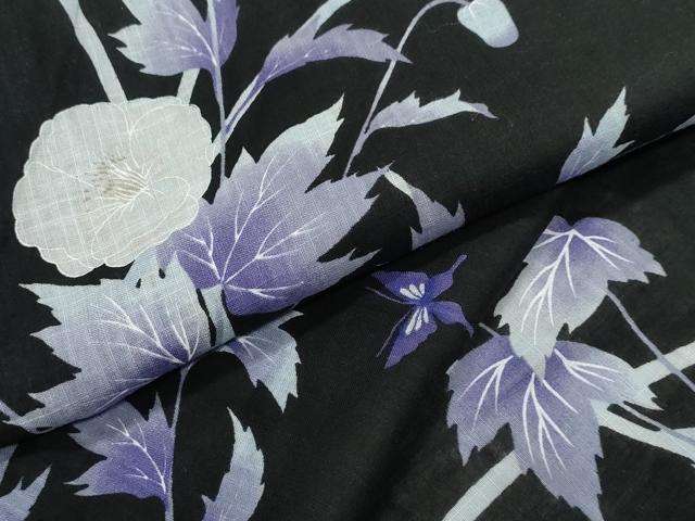 平和屋着物∴夏物　浴衣　草花舞蝶文　黒地　綿麻　逸品　CABB6573ng