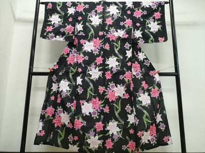 平和屋着物∴夏物 浴衣 百合 ゆり 黒地 銀彩 綿 逸品 CABB6575ng