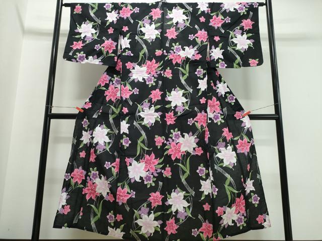 平和屋着物∴夏物 浴衣 百合 ゆり 黒地 銀彩 綿 逸品 CABB6575ng