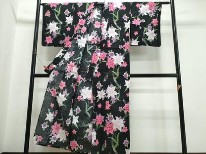 平和屋着物∴夏物 浴衣 百合 ゆり 黒地 銀彩 綿 逸品 CABB6575ng