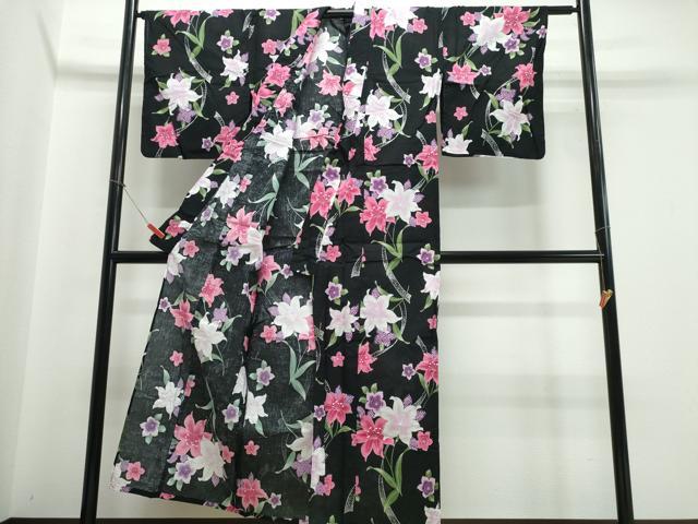 平和屋着物∴夏物 浴衣 百合 ゆり 黒地 銀彩 綿 逸品 CABB6575ng