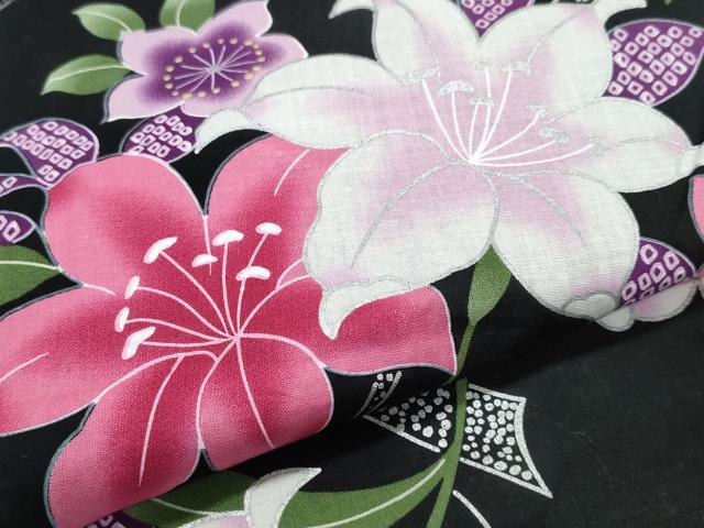 平和屋着物∴夏物 浴衣 百合 ゆり 黒地 銀彩 綿 逸品 CABB6575ng