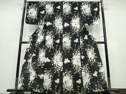平和屋着物∴夏物 浴衣 綿紅梅 草花舞蝶文 黒地 綿 逸品 CABB6619ng