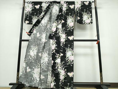 平和屋着物∴夏物 浴衣 綿紅梅 草花舞蝶文 黒地 綿 逸品 CABB6619ng