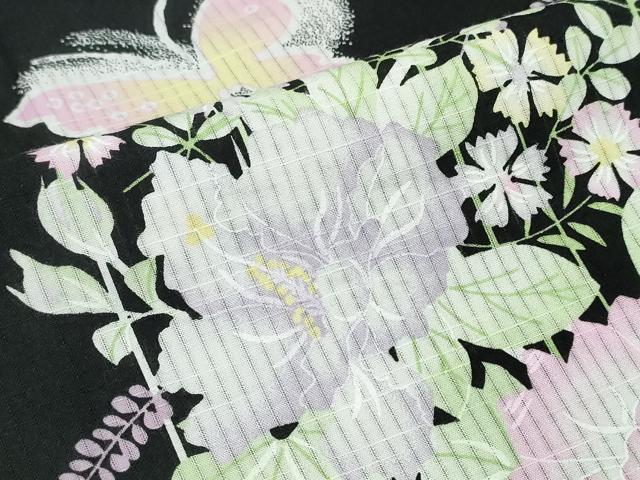 平和屋着物∴夏物 浴衣 綿紅梅 草花舞蝶文 黒地 綿 逸品 CABB6619ng