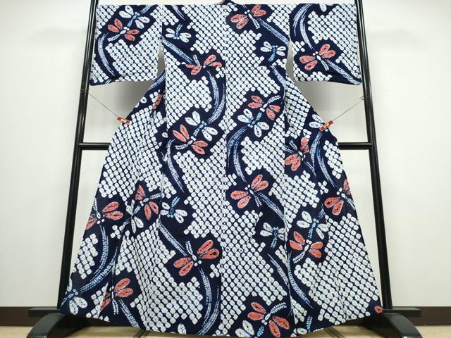平和屋着物∴夏物 浴衣 有松鳴海絞り 蜻蛉 トンボ 流水文 綿 逸品 CABB6647ng