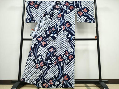平和屋着物∴夏物 浴衣 有松鳴海絞り 蜻蛉 トンボ 流水文 綿 逸品 CABB6647ng