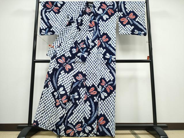 平和屋着物∴夏物 浴衣 有松鳴海絞り 蜻蛉 トンボ 流水文 綿 逸品 CABB6647ng