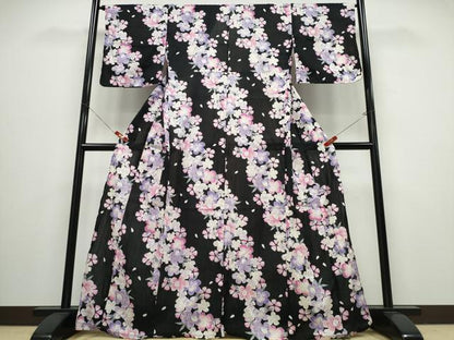 平和屋着物∴夏物　浴衣　斜線舞花文　黒地　綿　逸品　CABB6657ng