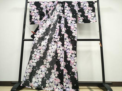 平和屋着物∴夏物　浴衣　斜線舞花文　黒地　綿　逸品　CABB6657ng