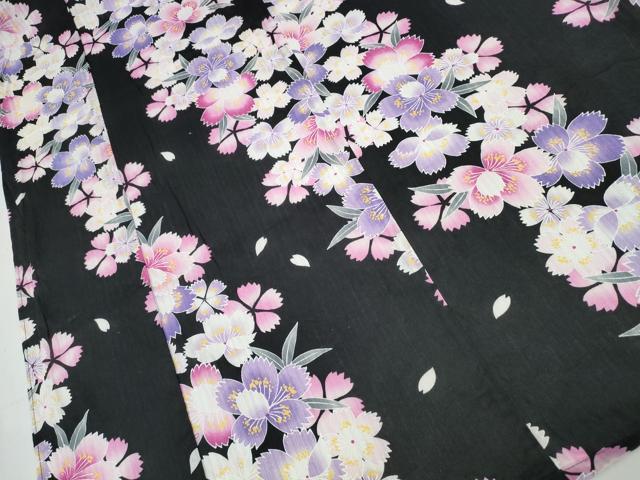 平和屋着物∴夏物　浴衣　斜線舞花文　黒地　綿　逸品　CABB6657ng