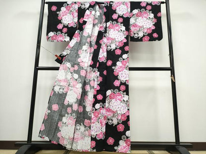 平和屋着物∴夏物 浴衣 牡丹薔薇レース花文様 黒地 綿 逸品 CABB6659ng