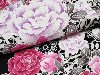 平和屋着物∴夏物 浴衣 牡丹薔薇レース花文様 黒地 綿 逸品 CABB6659ng