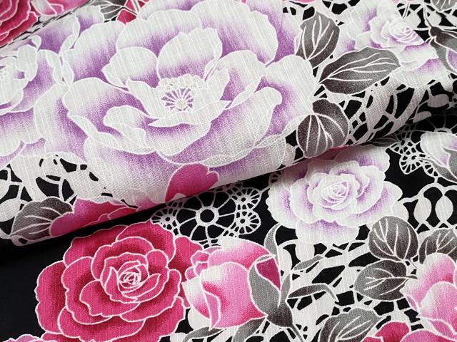 平和屋着物∴夏物 浴衣 牡丹薔薇レース花文様 黒地 綿 逸品 CABB6659ng