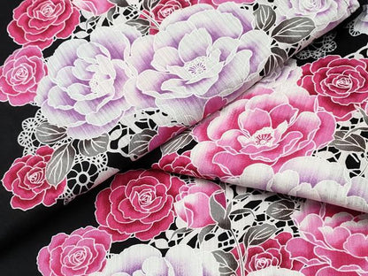 平和屋着物∴夏物 浴衣 牡丹薔薇レース花文様 黒地 綿 逸品 CABB6659ng