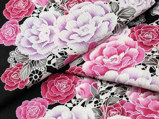 平和屋着物∴夏物 浴衣 牡丹薔薇レース花文様 黒地 綿 逸品 CABB6659ng